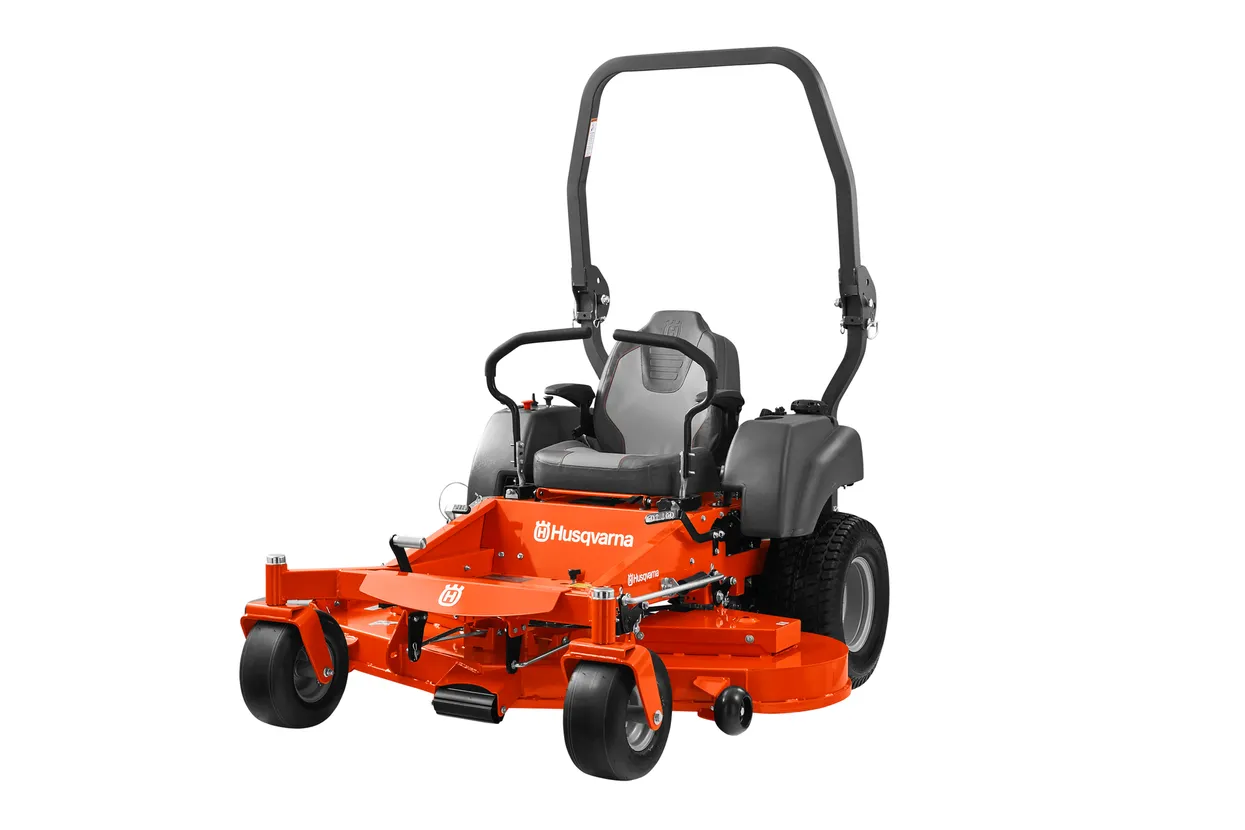 Orange Husqvarna zero-turn lawn mower on a white background

