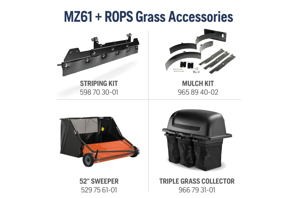 Grass accessories for MZ61 with ROPS, including stripping kit, mulch kit, sweeper, and grass collector.

