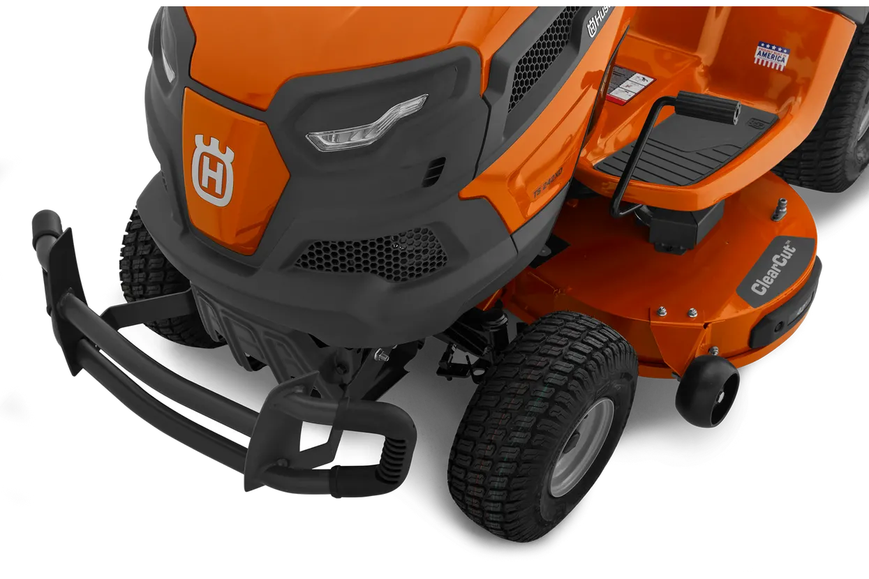 Orange and black lawn mower with visible brand logo on a white background