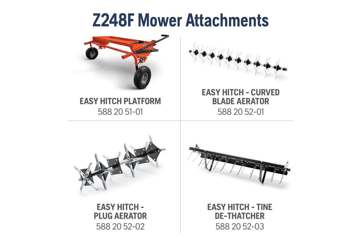 Z248F Mower Attachments with product names and specifications on a white background