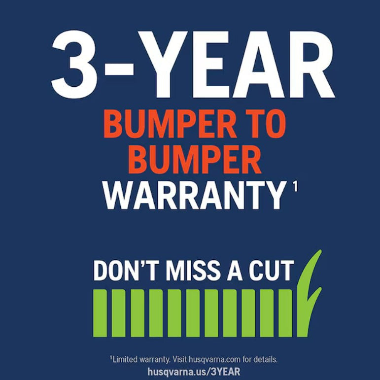 Advertisement for a 3-year bumper to bumper warranty on a blue background with text and grass icon.