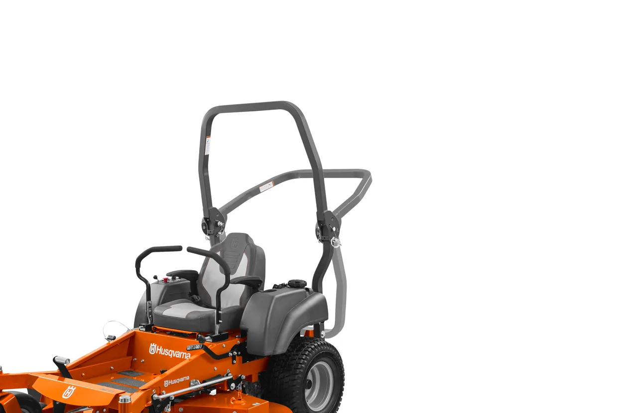 Orange Husqvarna zero-turn lawn mower on a white background

