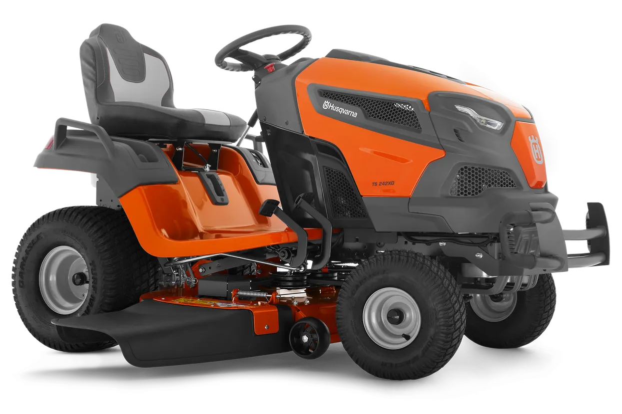 Orange and black riding lawn mower on a white background